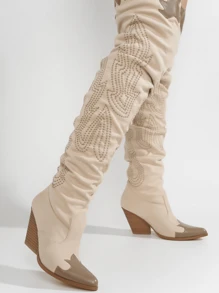 Icona Women's Embroidery Thigh-High Cowboy Boots - 白色 - 查看 3