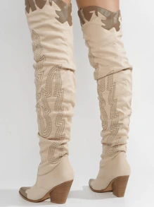 Icona Women's Embroidery Thigh-High Cowboy Boots - 白色 - 查看 5