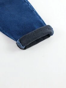 男女通用时尚保暖内衬萝卜裤牛仔裤，冬季保暖（洗涤标签在左口袋内） - 深色水洗藍 - 查看 8