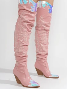 Icona Women's Embroidery Thigh-High Cowboy Boots - 粉色 - 查看 2