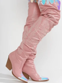 Icona Women's Embroidery Thigh-High Cowboy Boots - 粉色 - 查看 4