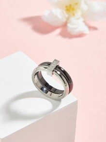 1 件華麗不鏽鋼陶瓷方晶鋯石戒指女士首飾婚禮派對約會禮物 - 銀色 - 查看 2