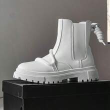 Botas Chelsea Blancas Para Trabajo De Hombre Personalizadas Con Decoraciones Y Cordones, Zapatos De Moda - Blanco - Ver 4