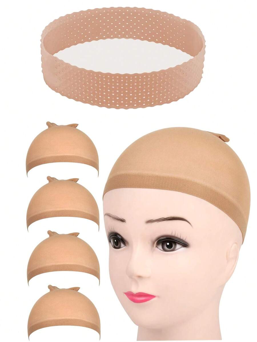 1 Miếng Không trượt Tóc giả Dây buộc tóc & 4pcs Mũ tóc giả - Màu be - Xem 1