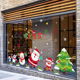 聖誕老人企鵝雪人聖誕樹圖案玻璃門貼紙,pvc材質玻璃貼紙,創造節日氛圍裝飾品,適用於購物中心、酒店和黃金商店的節日現場裝飾,並營造氣氛裝飾品