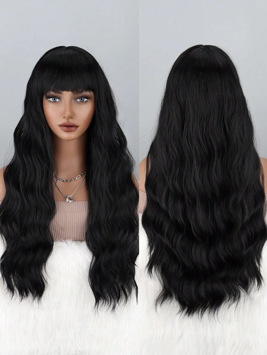 Peluca Larga Rizada Negra Natural Con Flequillo Para Mujer