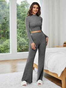 Conjunto De Traje De Casa De Punto Acanalado - Gris Oscuro - Ver 1