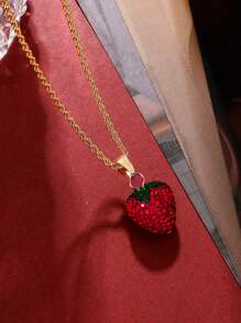 女士可愛紅色草莓吊墜項鍊,飾以鑽石