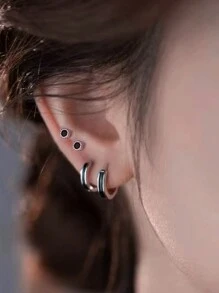 4pcs Black Simple Small Hoop Earrings With Cubic Zirconia For Women, Suitable For Daily Wear And Work - Silver - View 1