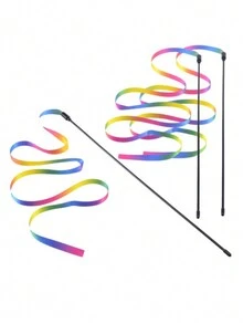 Pet Toy Double-sided Rainbow Ribbon Teaser Wand, Interactive Cat Toy, Two Sizes - Multicolor - View 4