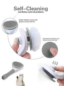 貓狗刷寵物毛髮去除器刷,帶自我清潔按鈕,適用於長毛和短毛動物的梳理用品,脫毛工具 (灰色)