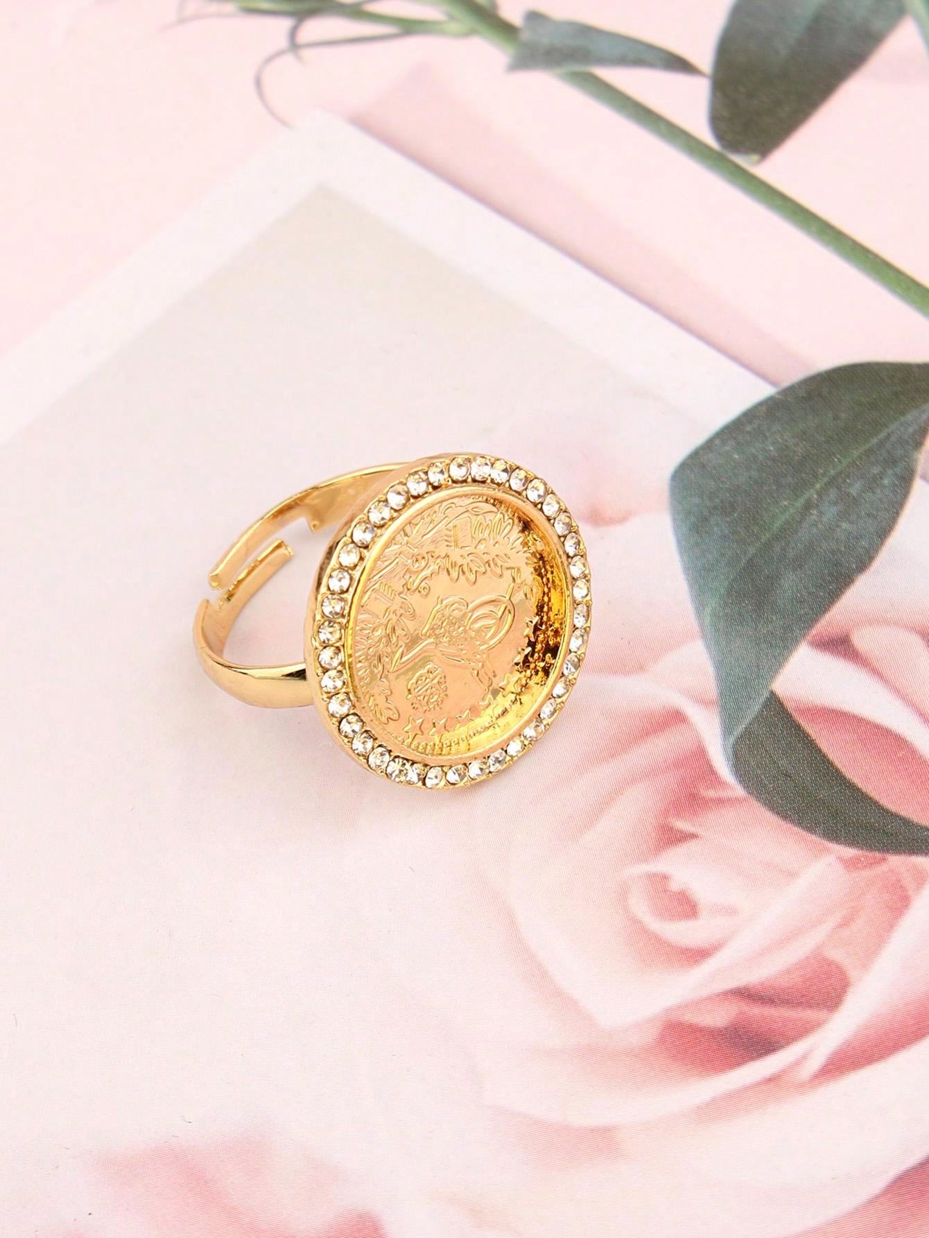 Shein Rring Gold New Design Copper Gold Plated Coin Ring With Rhinestones, Open-end And ...