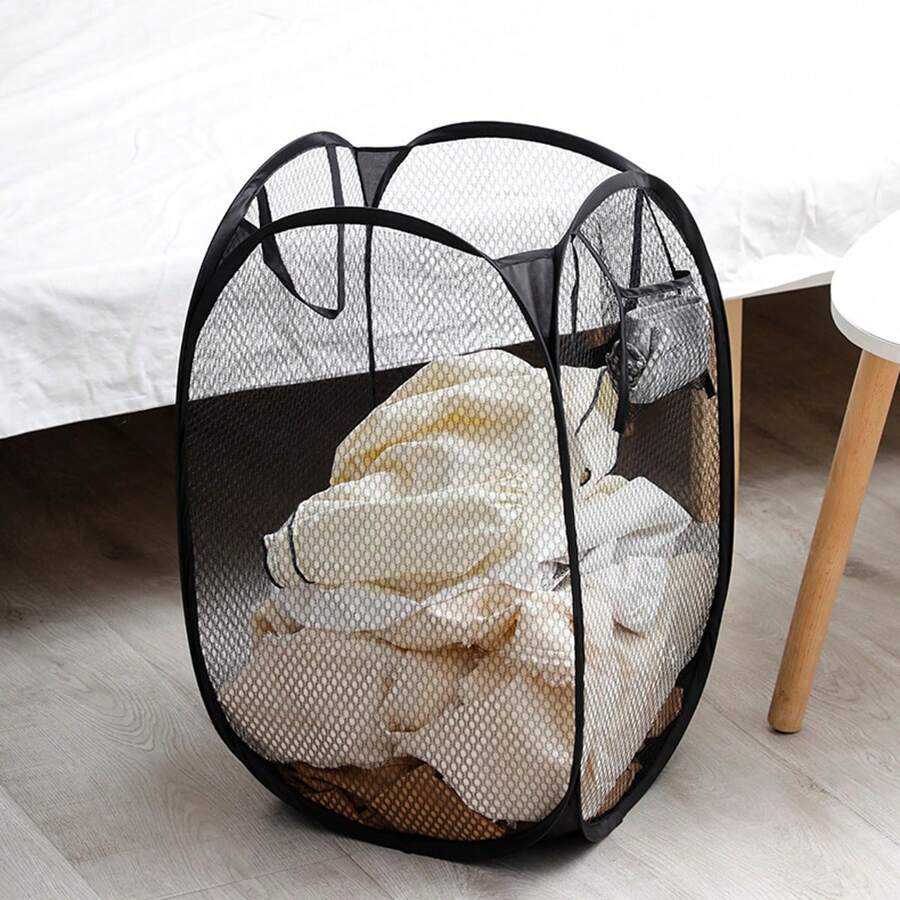 1pc Black Large Foldable Laundry Basket For Dirty Clothes Storage With Mesh Kids' Toy Organizer