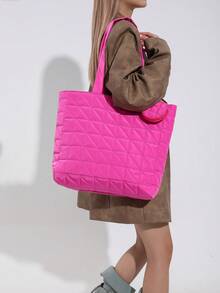 low tea 1 件純色格子圖案手提單肩包拉鍊,大容量,時尚休閒,百搭,含零錢包,適合女士日常使用 - 玫紅色 - 查看 6