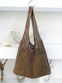 Tối giản Hollowed Out Chi tiết Túi Móc Dung lượng lớn Tay cầm đôi Bện Mua sắm Lưới Cái túi - Cà phê nâu - Xem 1