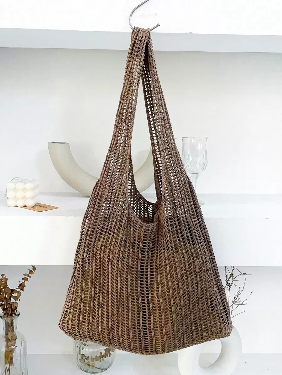 Tối giản Hollowed Out Chi tiết Túi Móc Dung lượng lớn Tay cầm đôi Bện Mua sắm Lưới Cái túi - Cà phê nâu - Xem 1