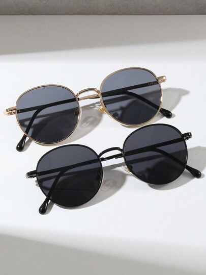 2pcs Unisex Children's Round Metal Frame Glasses, Outdoor Travel Vintage Decorative Glasses