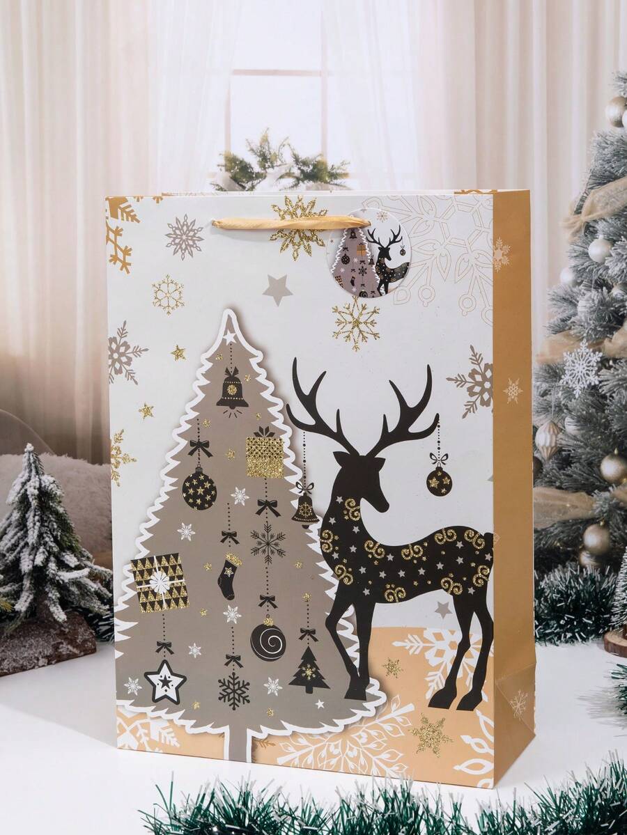 1入組新款聖誕紙提包,加厚聖誕節節日禮物包,金色紙屑設計,購物袋,派對包,派對禮品包