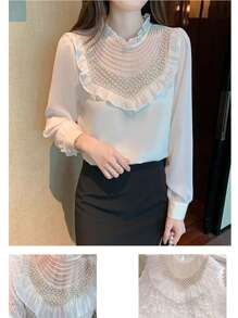 彩色珍珠釘珠繡領飾,重磅亮片、鑽石和刺繡蕾絲網,diy服飾配件 - 米色 - 查看 3