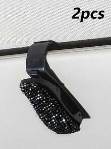 2pcs Black Acrylic Rhinestone Sunglasses Holder Clip For Car Sun Visor - Black - View 3