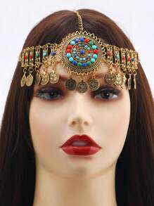 1件個性化復古中式發髻,珠簾頭飾配華麗耳環手鐲,適合漢服和異國風裝扮,金色