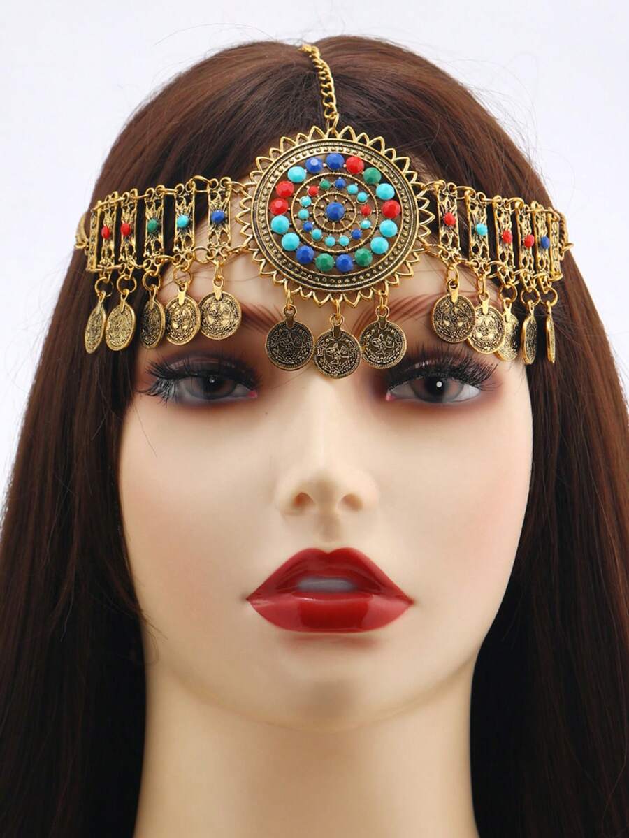 1件個性化復古中式發髻,珠簾頭飾配華麗耳環手鐲,適合漢服和異國風裝扮,金色