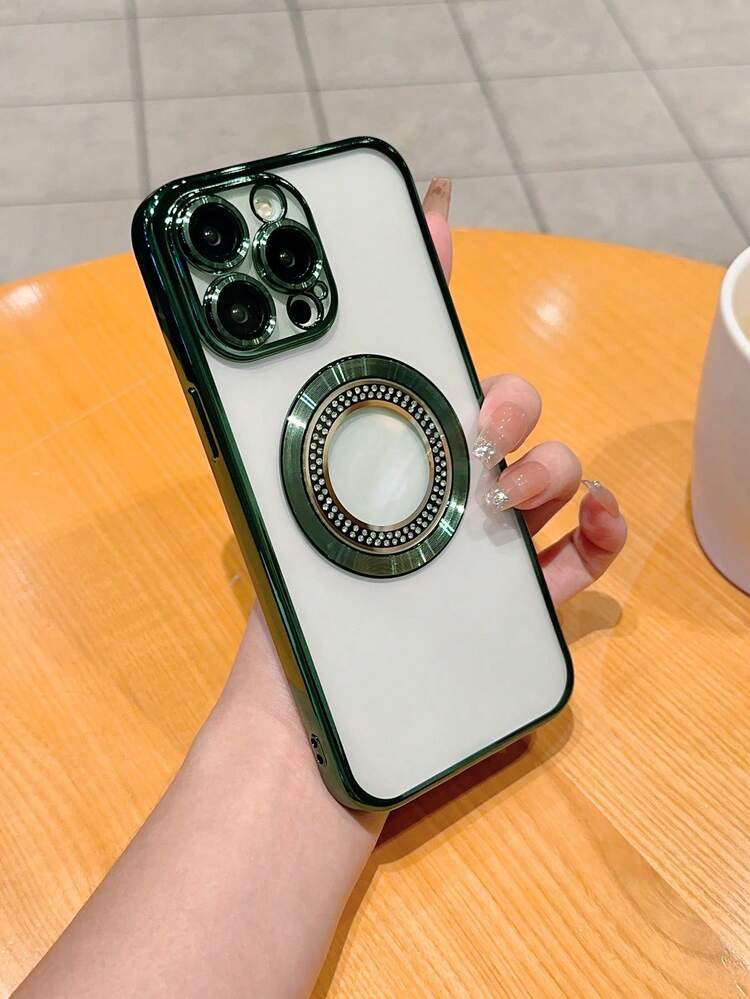 Funda Transparente Galvanizada Para Teléfono Con Decoración De Diamantes De Imitación Y Función Anticaída, Compatible Con Iphone - Verde - Añade 2