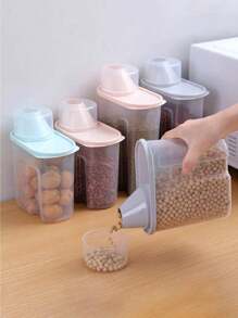 1pc Large Plastic Sealed Container With Measuring Cup, Kitchen Storage Box For Grains And Miscellaneous - Pink - View 1