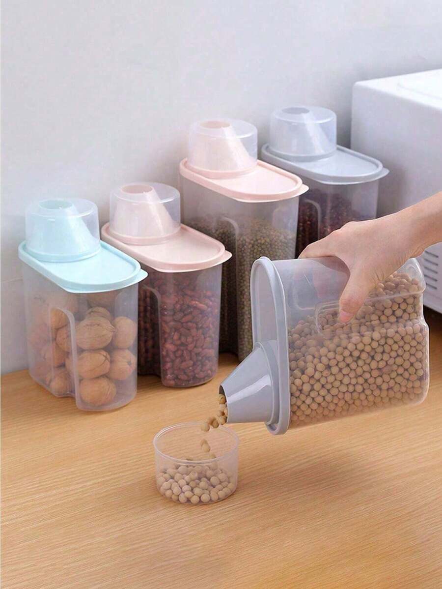 1pc Large Plastic Sealed Container With Measuring Cup, Kitchen Storage Box For Grains And Miscellaneous - Pink - View 1