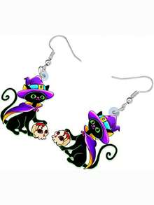 一对个性化时尚万圣节黑猫/骷髅双面印花亚克力吊坠耳环，女士节日礼物