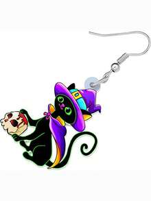 一对个性化时尚万圣节黑猫/骷髅双面印花亚克力吊坠耳环，女士节日礼物