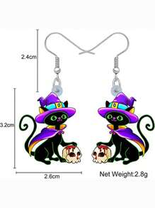 一对个性化时尚万圣节黑猫/骷髅双面印花亚克力吊坠耳环，女士节日礼物