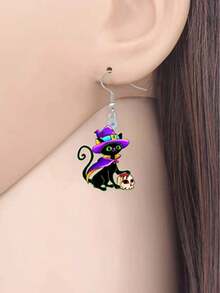 一对个性化时尚万圣节黑猫/骷髅双面印花亚克力吊坠耳环，女士节日礼物