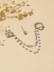 1套雙穿長耳環,配珍珠鏈和耳環袖 - 銀色 - 查看 4