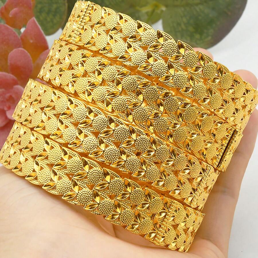 4入組迪拜金手鐲,女性婚禮手鐲袖扣手鐲,24k鍍金阿拉伯風手飾,派對禮物