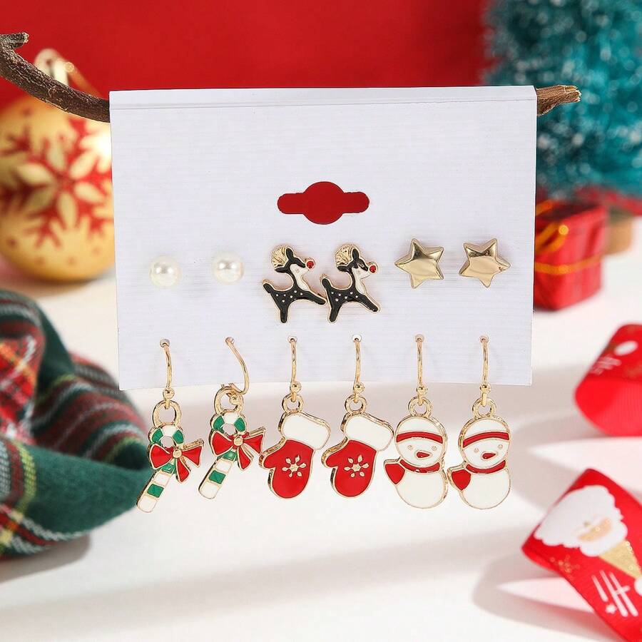 6 件聖誕馴鹿和雪人主題手套形狀合金耳環和吊墜套裝適合女士日常佩戴