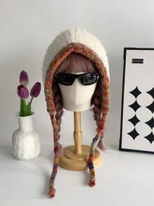 1 件可爱多色猫耳针织帽，女士纯色巫婆帽，保暖护耳滑雪帽，百搭手工编织绒球渔夫帽 - 白色 - 查看 3