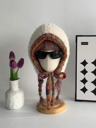 1ชิ้น หมวกไหมพรมถักหูแมวน่ารักหลากสี, หมวกบีนนี่แม่มดสีพื้นสำหรับผู้หญิง, หมวกสกีปิดหูกันหนาว, หมวกบักเก็ตปอมปอมถักแฮนด์เมดอเนกประสงค์