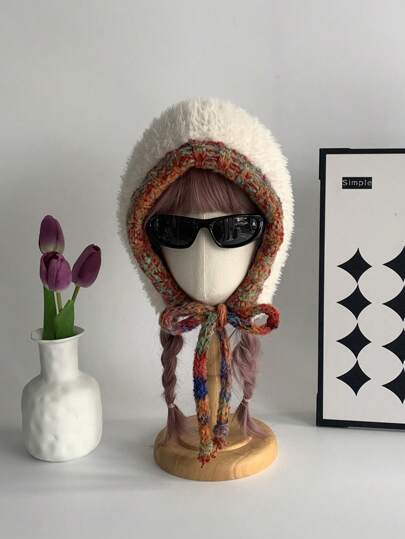 1 件可爱多色猫耳针织帽，女士纯色巫婆帽，保暖护耳滑雪帽，百搭手工编织绒球渔夫帽