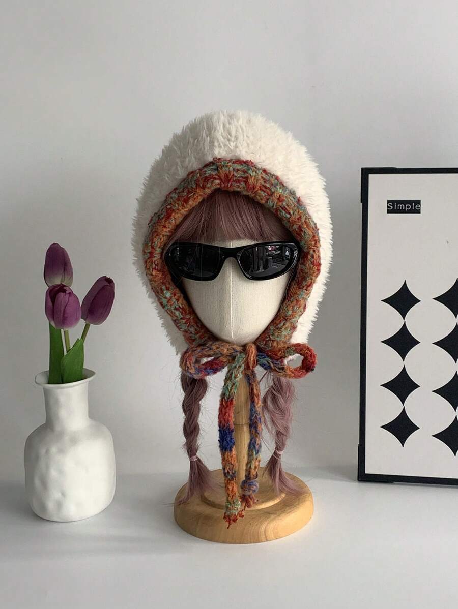 1 件可爱多色猫耳针织帽，女士纯色巫婆帽，保暖护耳滑雪帽，百搭手工编织绒球渔夫帽 - 白色 - 查看 1