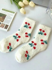 5對女士珊瑚絨櫻桃水果印花保暖睡眠襪，毛茸茸中筒襪 - 彩色 - 查看 6