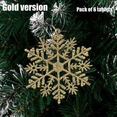 Conjunto de 6 pingentes dourados vazados em formato de árvore e floco de neve para decoração de festas, aniversários, decoração de casa, Natal e quartos. Ideal para o Natal e o inverno.
