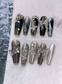 10入組豪華銀色金屬3d蝴蝶翅膀鑽石指甲藝術裝飾品 - 銀色 - 查看 3