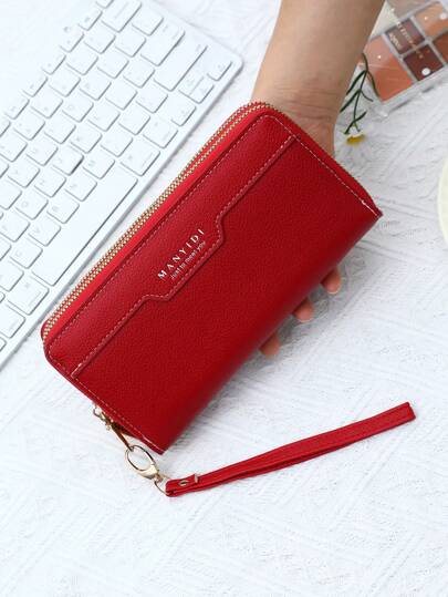 Women's Double Zipper, Wristband, Pu Leather, Letter Pattern, Long Mobile Phone Wallet Wristlet Wallet Back To School Supplies