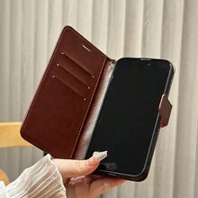 1pc Brown Flip Wallet Style Simple Anti-drop & Wear-resistant Phone Case Compatible With Iphone & Samsung Phones - Brown - View 5