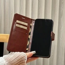 1pc Brown Flip Wallet Style Simple Anti-drop & Wear-resistant Phone Case Compatible With Iphone & Samsung Phones - Brown - View 2