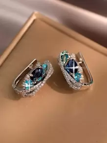 1pair Gorgeous Blue White Cubic Zirconia Paved Elegant Round Decor Earrings Luxury Party Jewelry For Women