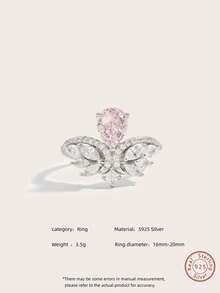 1顆優質鑽石珠寶s925純銀粉紅色立方氧化鋯開翅天使戒指,重量3.5g。適合女性日常生活,工作,假期,派對,婚禮使用。