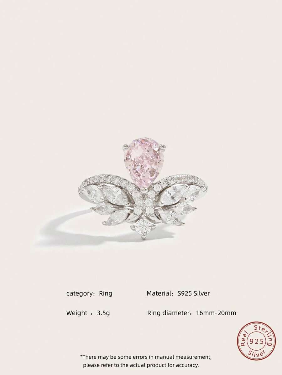 1顆優質鑽石珠寶s925純銀粉紅色立方氧化鋯開翅天使戒指,重量3.5g。適合女性日常生活,工作,假期,派對,婚禮使用。