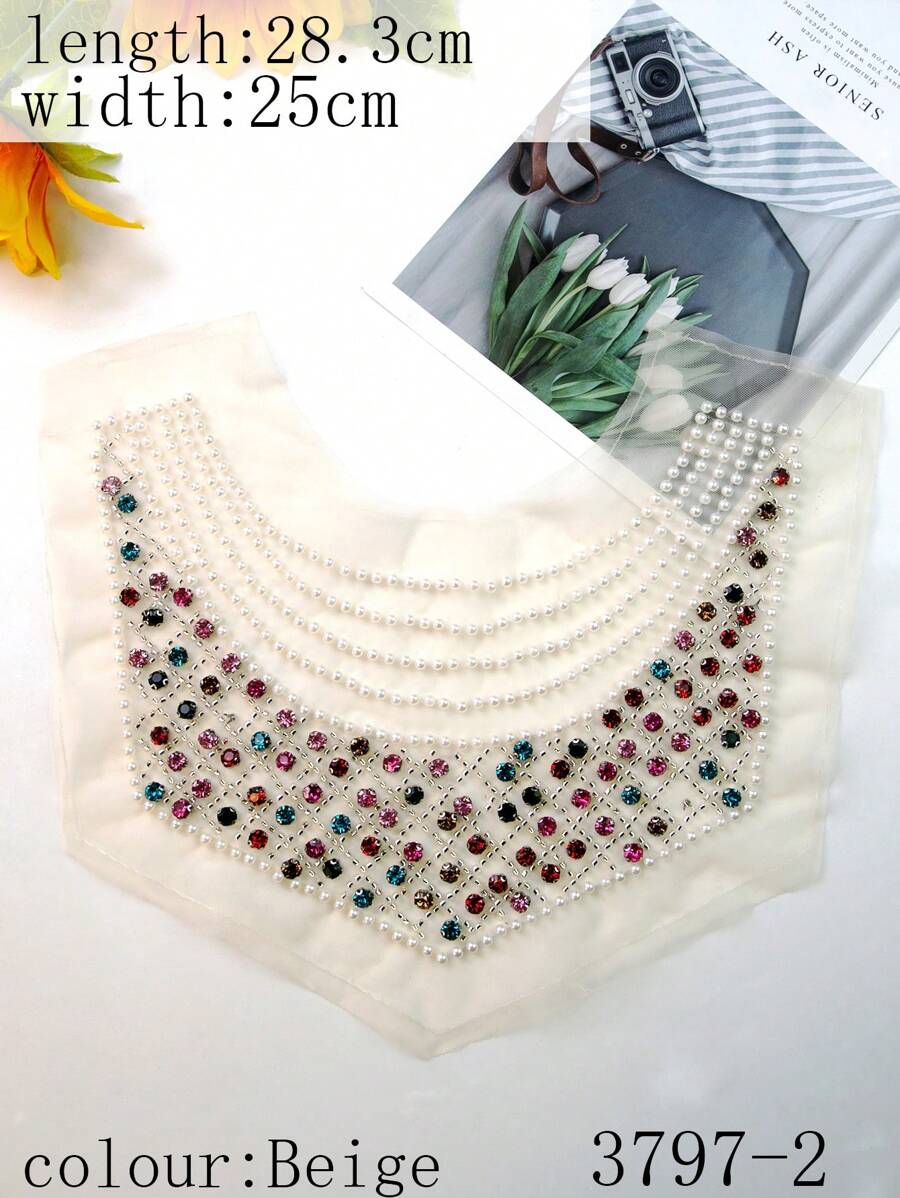 彩色珍珠釘珠繡領飾,重磅亮片、鑽石和刺繡蕾絲網,diy服飾配件 - 米色 - 查看 1